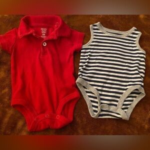 Lot of 2- CARTERS ONESIES 3M COLLARED RED & STRIPED